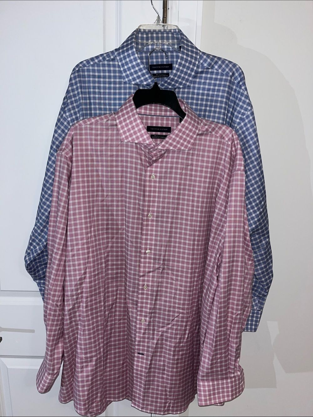 2- NEW Supima Tommy Hilfiger Pink & Blue Gingham Check Swept Collar Dress Shirt